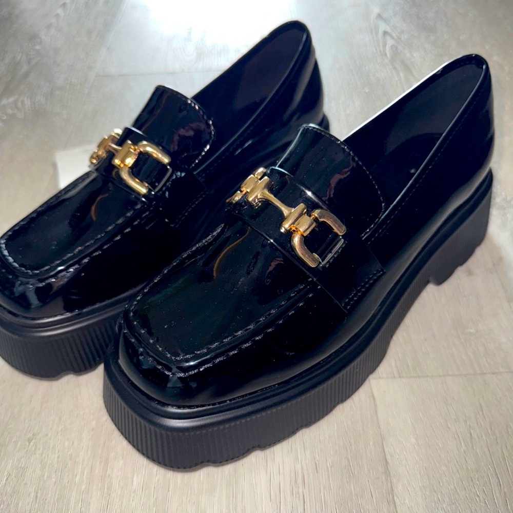 Glossy Black Loafers with Gold Buckle and Chunky Sole